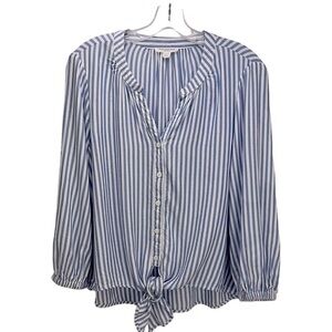 BeachLunchLounge Tanji White Blue Striped Tie Front Top‎ Medium Lyocell Blend